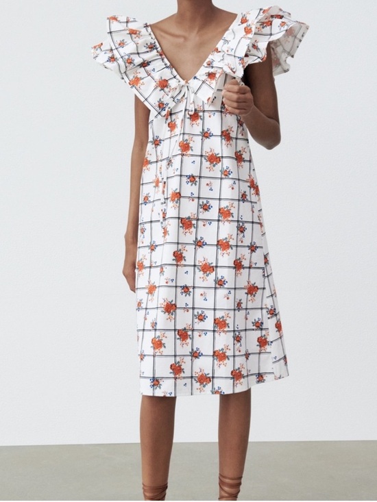 Zara Dresses & Skirts - Zara White Floral Grid Ruffle Sleeve Midi Dress Large